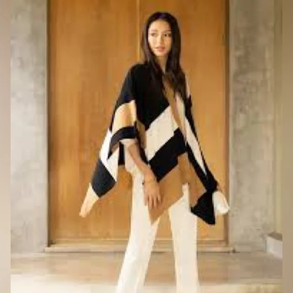 NWT ParrishLA Stevie Poncho Black Camel White - Picture 2 of 5